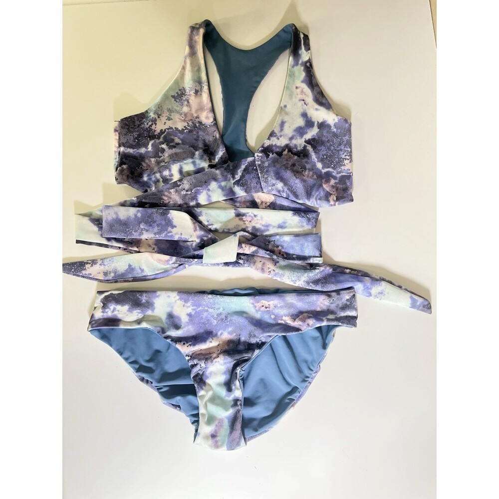 Strange 2pc Bikini Reversible Tie Die & Solid Blue Tango Wrap Top & Brief Small